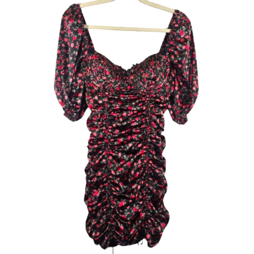 For Love & Lemons Black Off-Shoulder Ruched Mini Dress with Floral Print - Picture 4 of 15